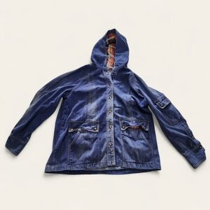 VTG Denim Hooded Jacket Button Up‎ Jean Coat Flannel Lined Hood Casual Outerwear